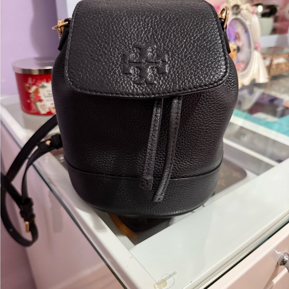 Tory Burch Black Pebbled Leather Mini  Backpack